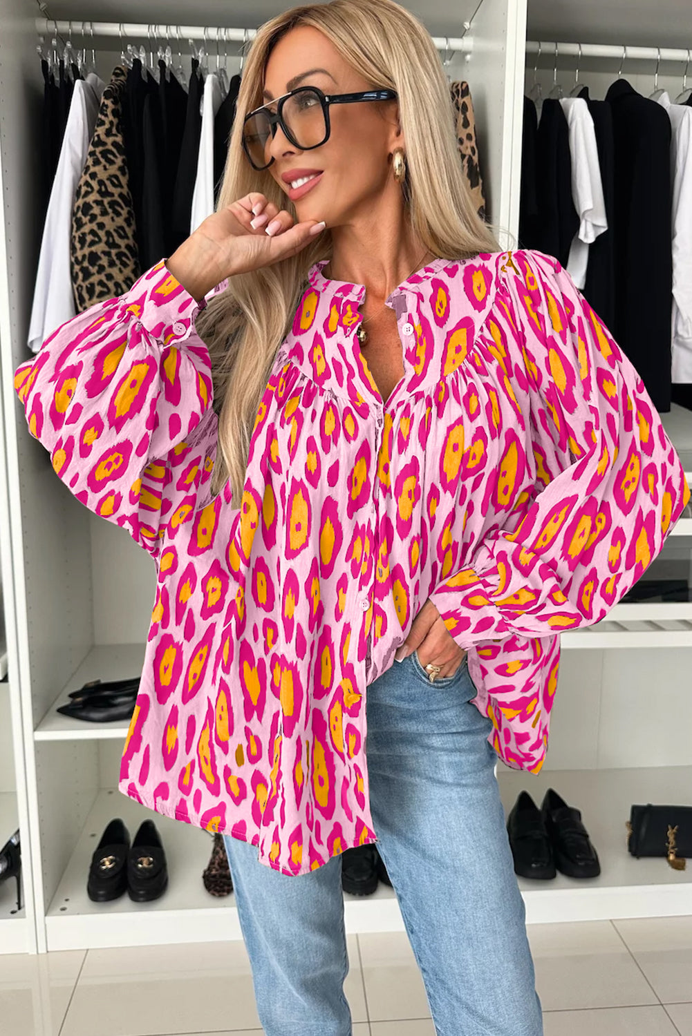 Jet Stream Leopard Print Balloon Sleeve Loose Blouse