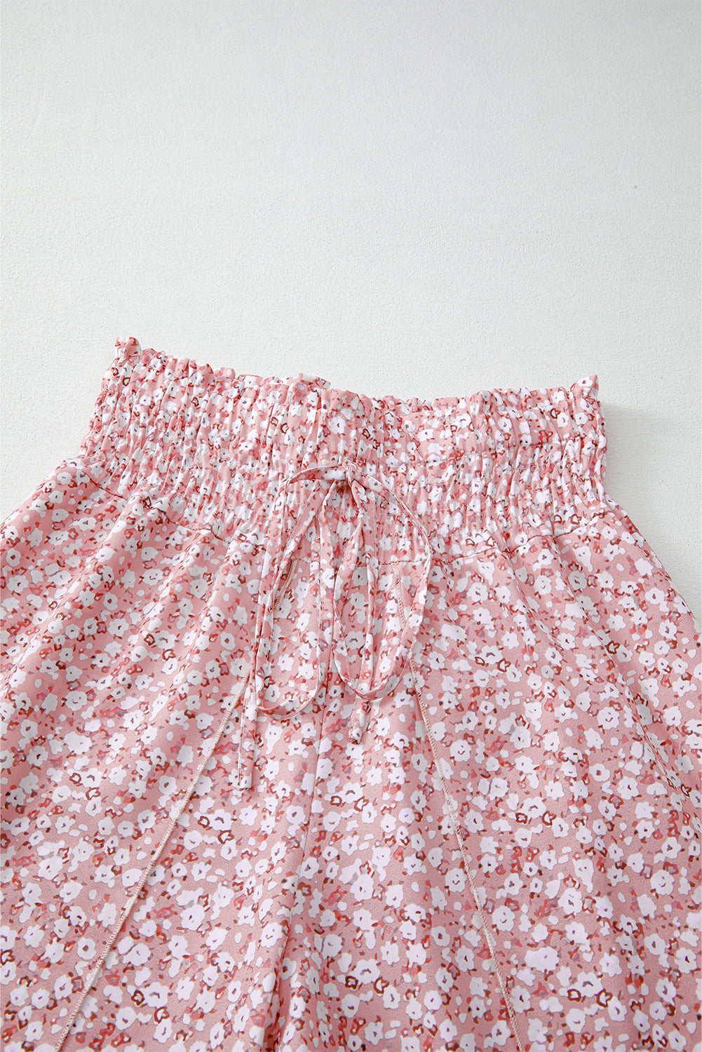 Red Floral Shirred Side Slit Wide Leg Pants