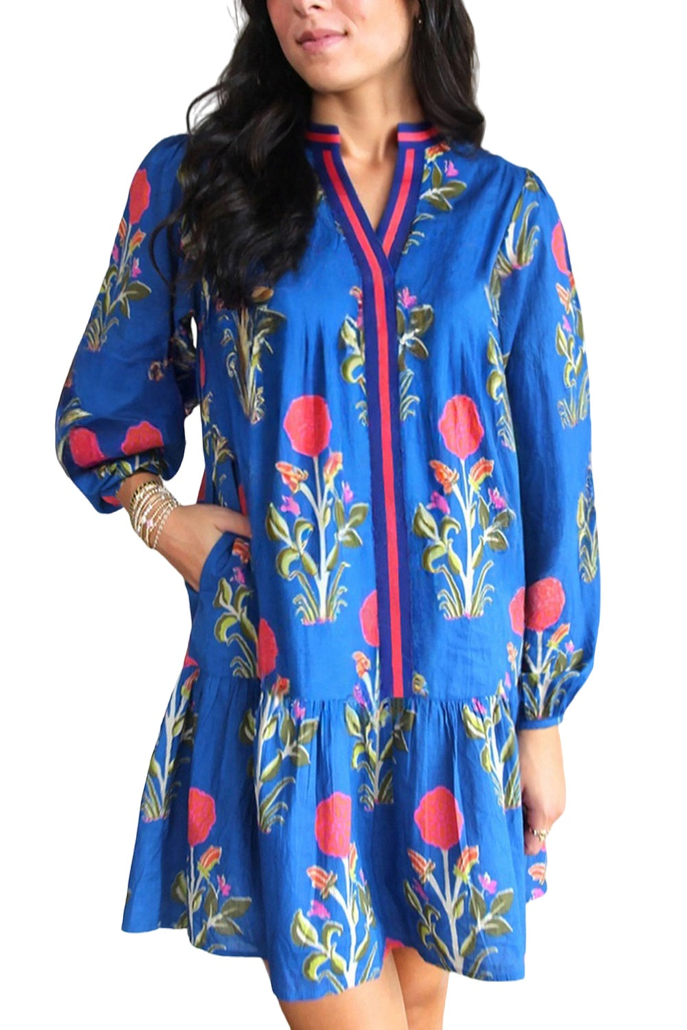 White Floral Print Pop of Color V Neck Mini Dress