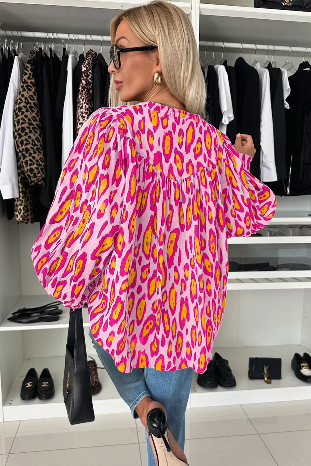 Jet Stream Leopard Print Balloon Sleeve Loose Blouse