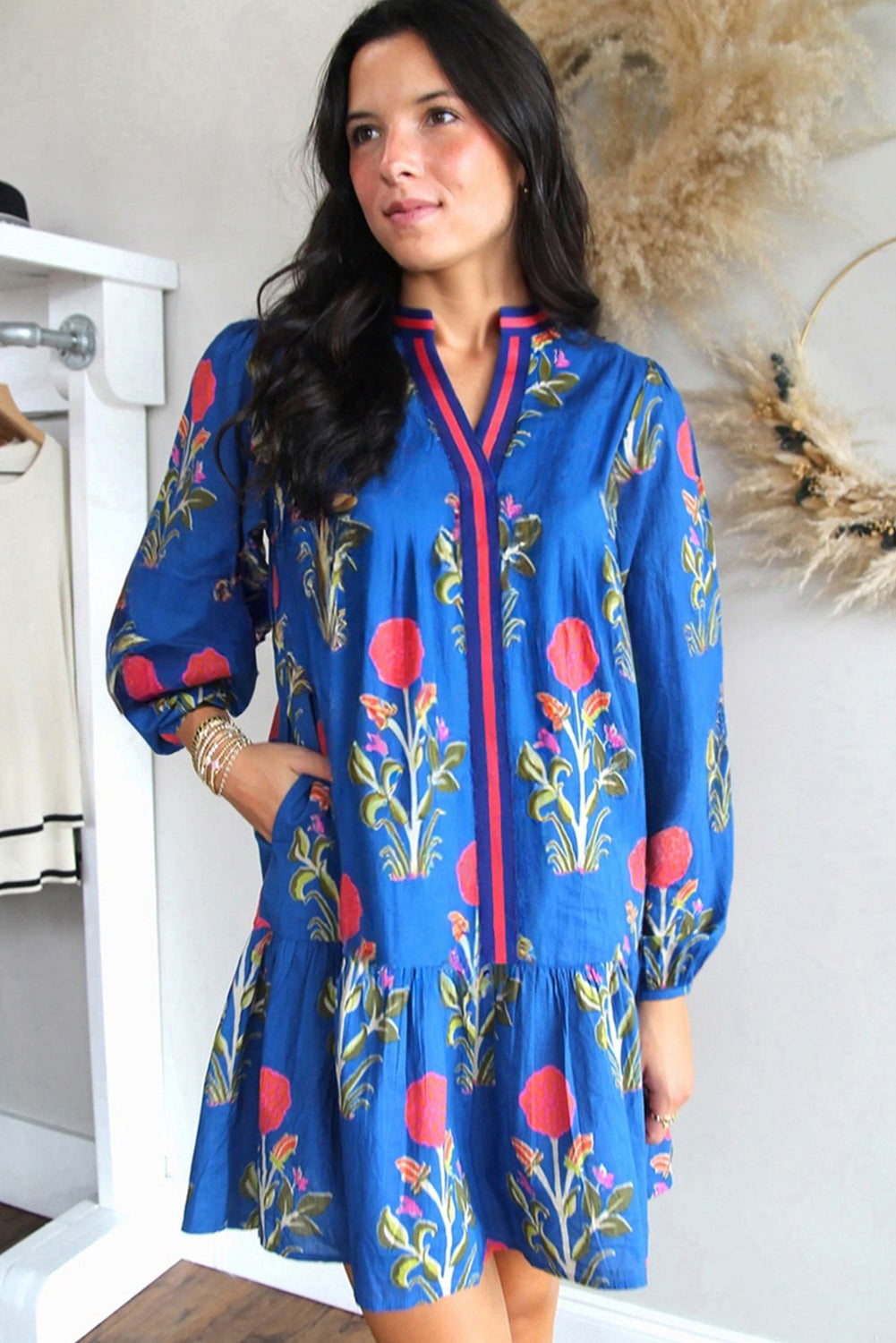White Floral Print Pop of Color V Neck Mini Dress