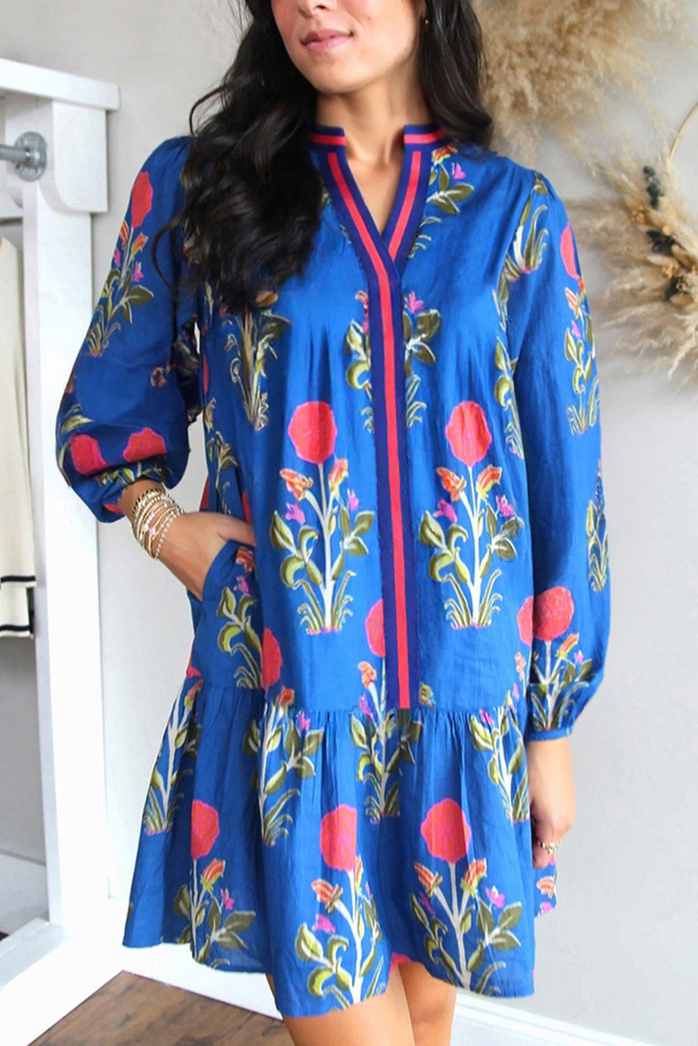 White Floral Print Pop of Color V Neck Mini Dress