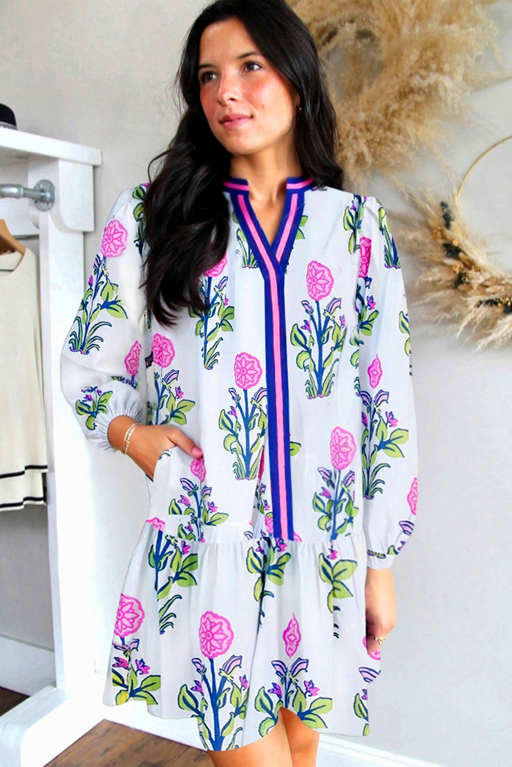 White Floral Print Pop of Color V Neck Mini Dress