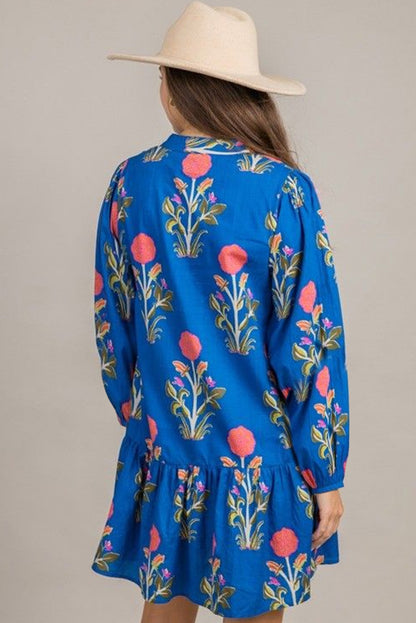 White Floral Print Pop of Color V Neck Mini Dress