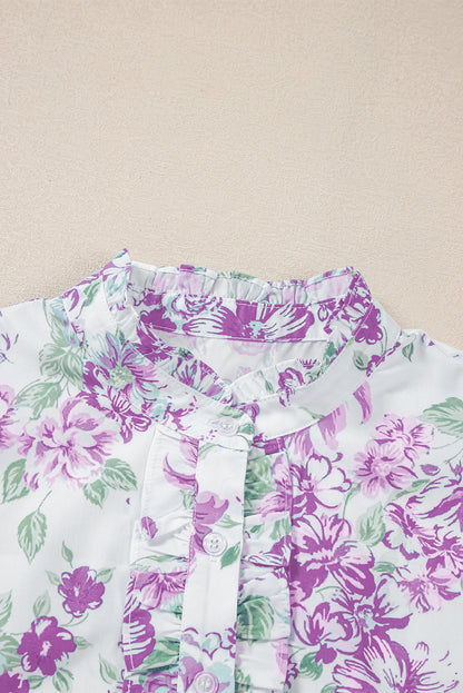 Green Floral Print Ruffle Sleeve Frill Shirt