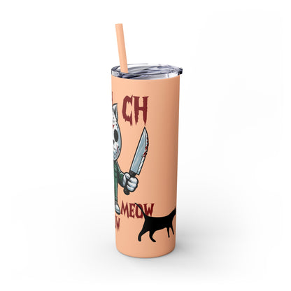 Meow Scary Funny Bloody Cat with Knife Skinny Tumbler with Straw, 20oz