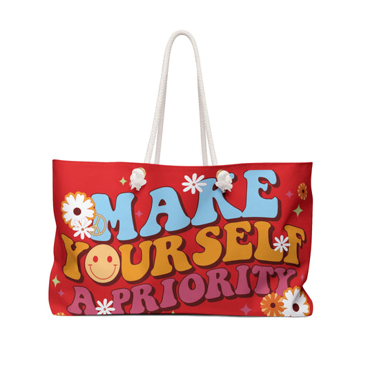 Red Make Yourself A Priority Weekender Tote Bag - Stylish and Spacious