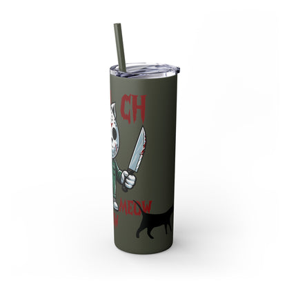 Meow Scary Funny Bloody Cat with Knife Skinny Tumbler with Straw, 20oz