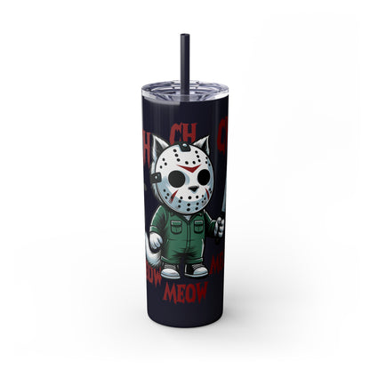 Meow Scary Funny Bloody Cat with Knife Skinny Tumbler with Straw, 20oz