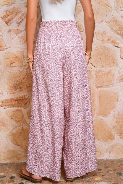 Red Floral Shirred Side Slit Wide Leg Pants