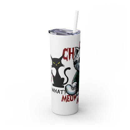 Meow Scary Funny Bloody Cat with Knife Skinny Tumbler with Straw, 20oz