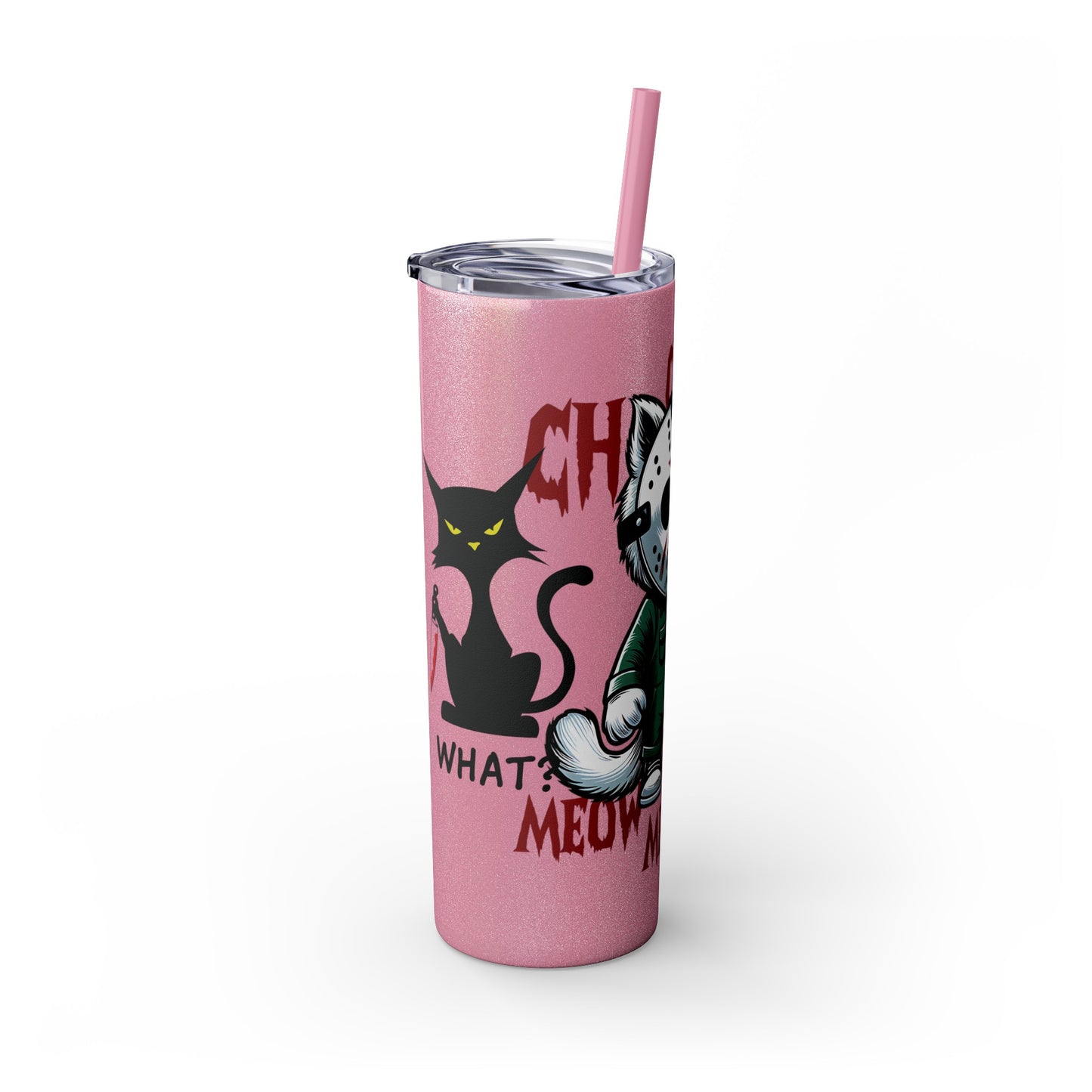 Meow Scary Funny Bloody Cat with Knife Skinny Tumbler with Straw, 20oz