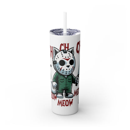 Meow Scary Funny Bloody Cat with Knife Skinny Tumbler with Straw, 20oz