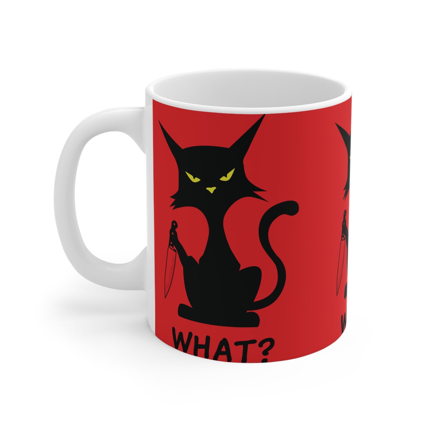 Red Sarcastic What Cat With Bloody Knife Coffee Mug 11oz