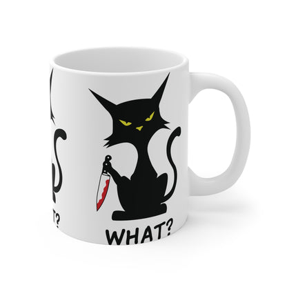 White Sarcastic What Cat With Bloody Knife Coffee Mug 11oz