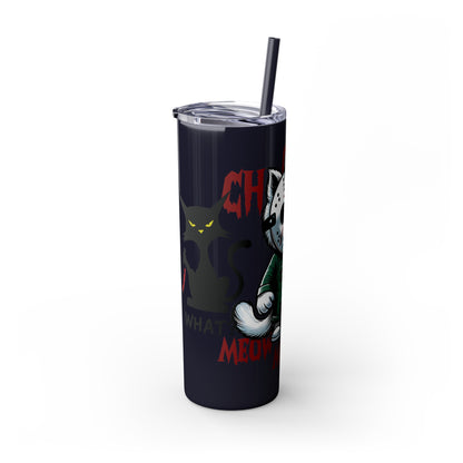 Meow Scary Funny Bloody Cat with Knife Skinny Tumbler with Straw, 20oz