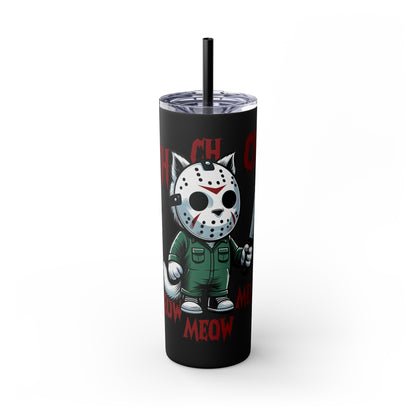 Meow Scary Funny Bloody Cat with Knife Skinny Tumbler with Straw, 20oz