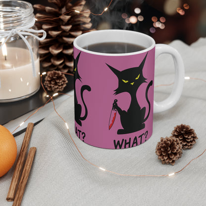 Purple Sarcastic What Cat With Bloody Knife Coffee Mug 11oz