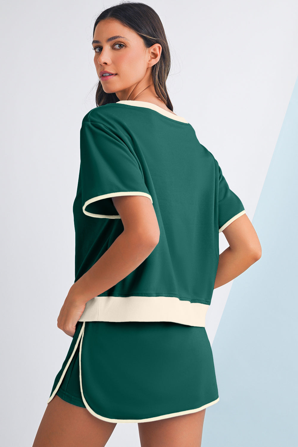 Turquoise Colorblock Edge Drop Shoulder T Shirt and Skort Set