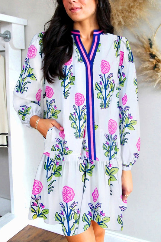 White Floral Print Pop of Color V Neck Mini Dress