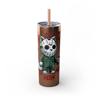 Meow Scary Funny Bloody Cat with Knife Skinny Tumbler with Straw, 20oz