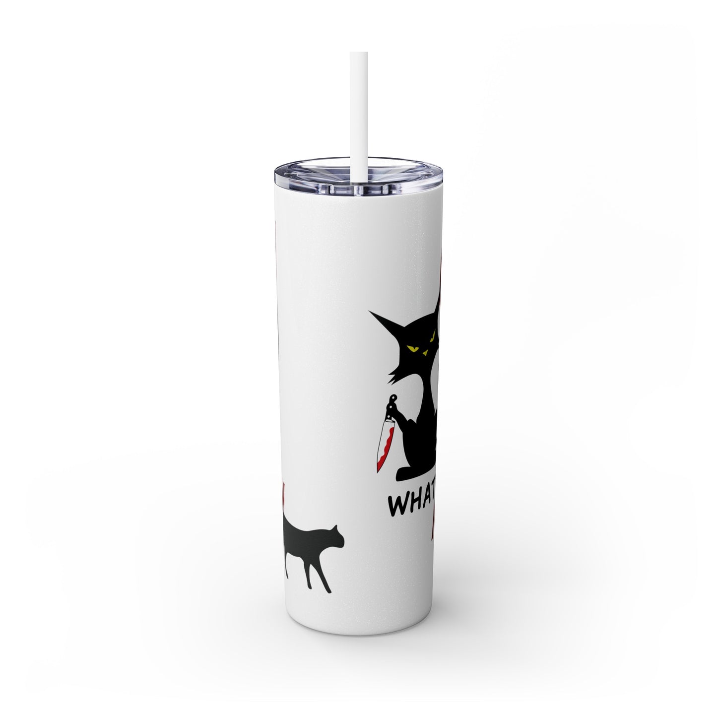 Meow Scary Funny Bloody Cat with Knife Skinny Tumbler with Straw, 20oz