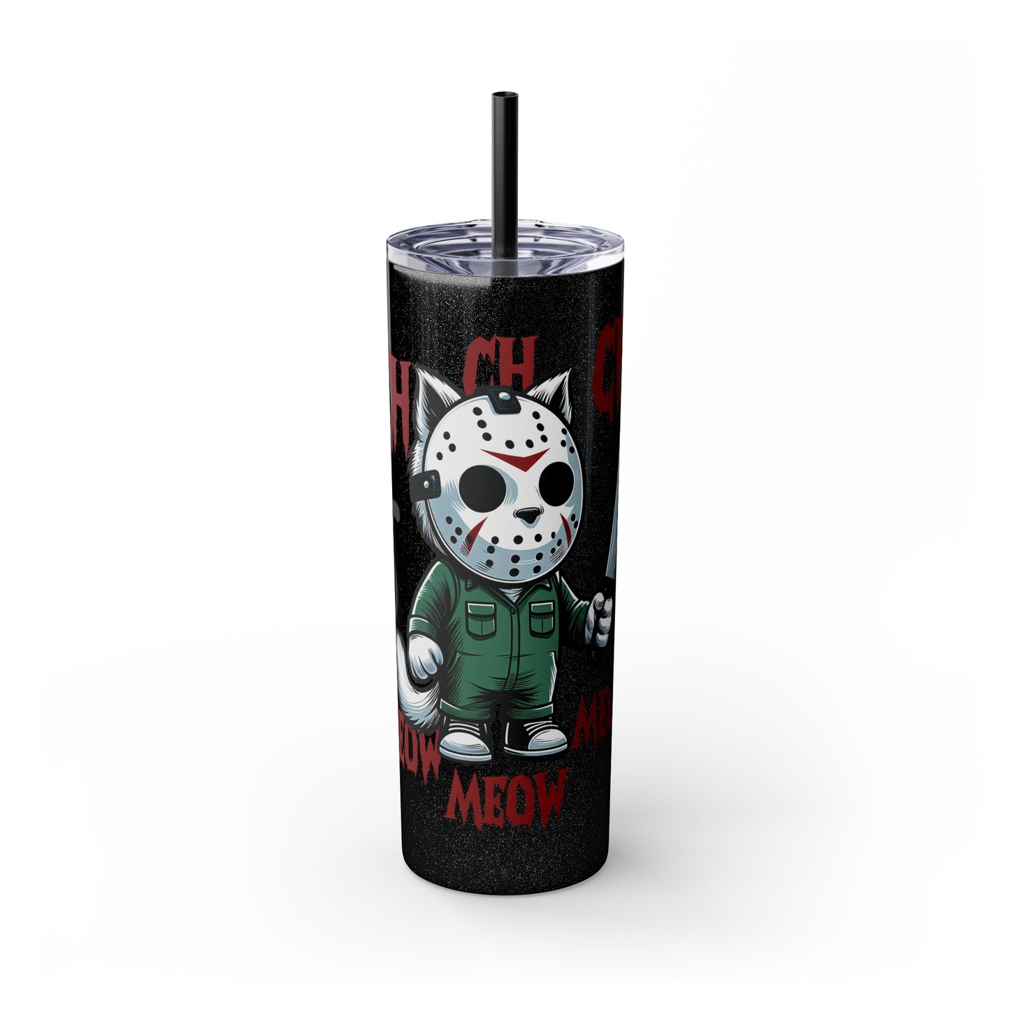 Meow Scary Funny Bloody Cat with Knife Skinny Tumbler with Straw, 20oz