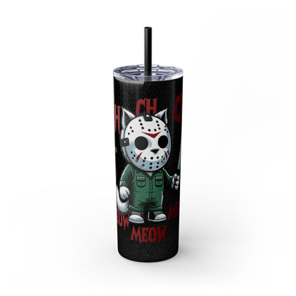 Meow Scary Funny Bloody Cat with Knife Skinny Tumbler with Straw, 20oz