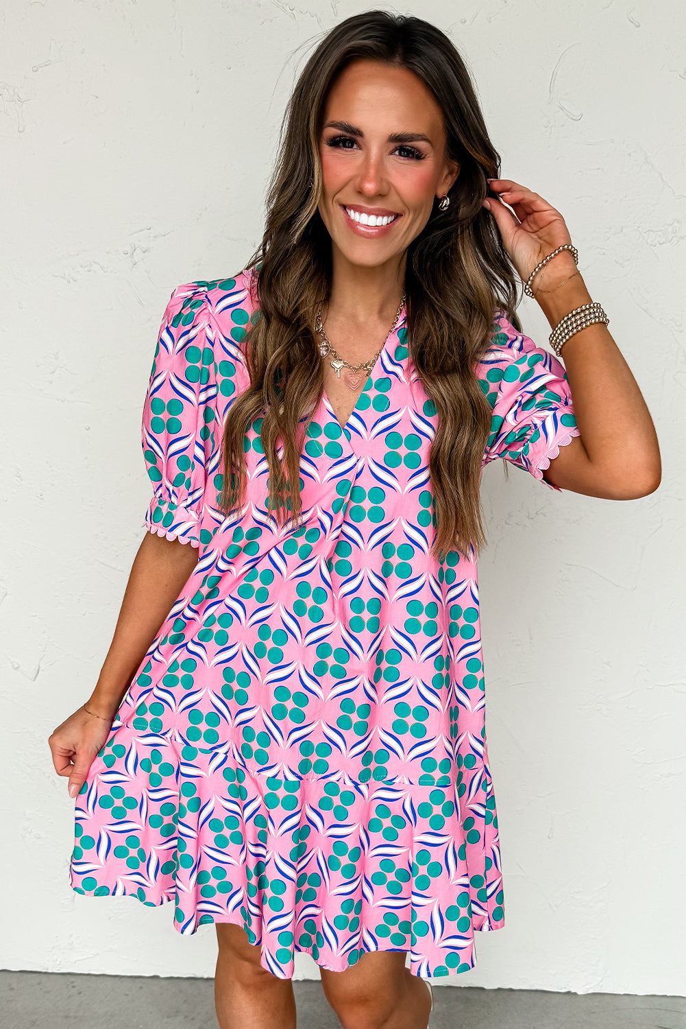 Pink Geometric Print V-Neck Ricrac Trim Mini Dress