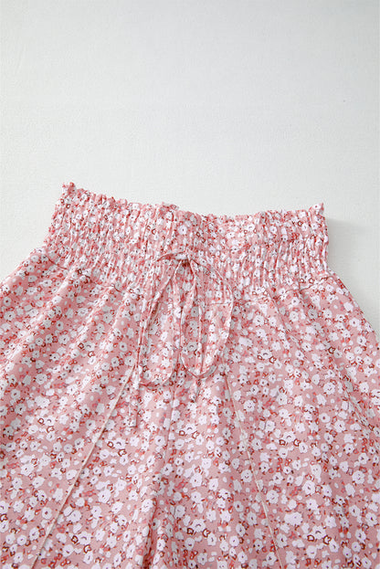 Red Floral Shirred Side Slit Wide Leg Pants