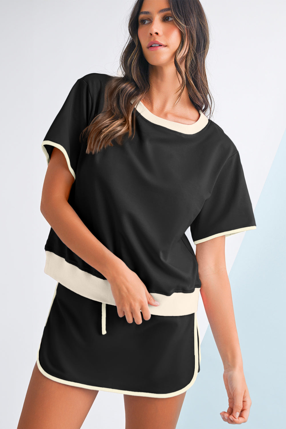 Turquoise Colorblock Edge Drop Shoulder T Shirt and Skort Set