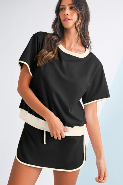 Turquoise Colorblock Edge Drop Shoulder T Shirt and Skort Set