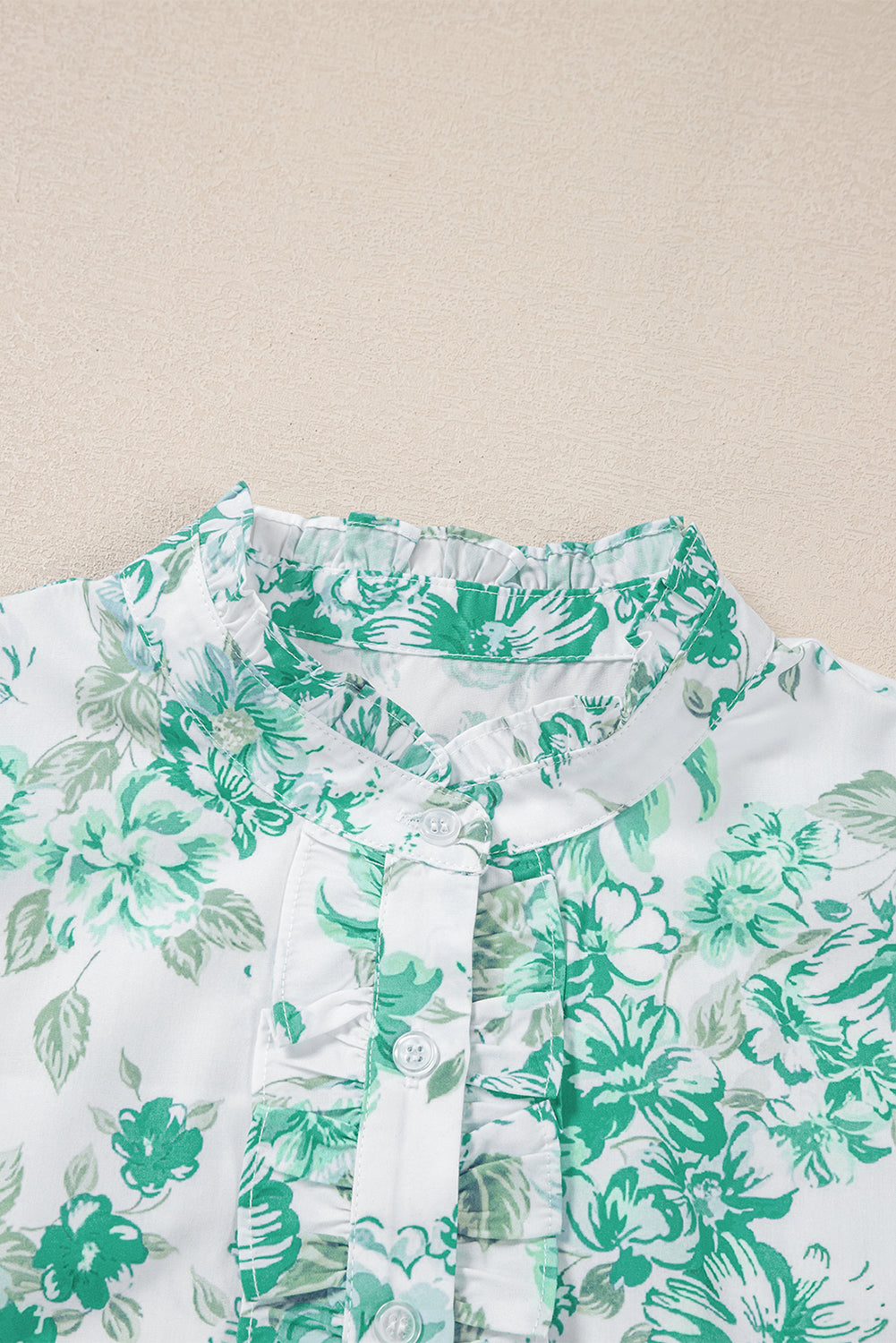 Green Floral Print Ruffle Sleeve Frill Shirt