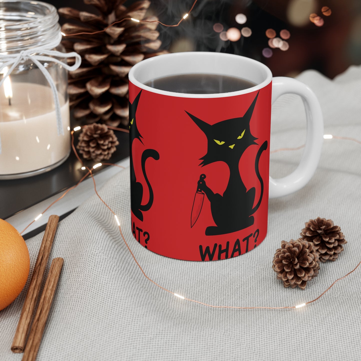 Red Sarcastic What Cat With Bloody Knife Coffee Mug 11oz