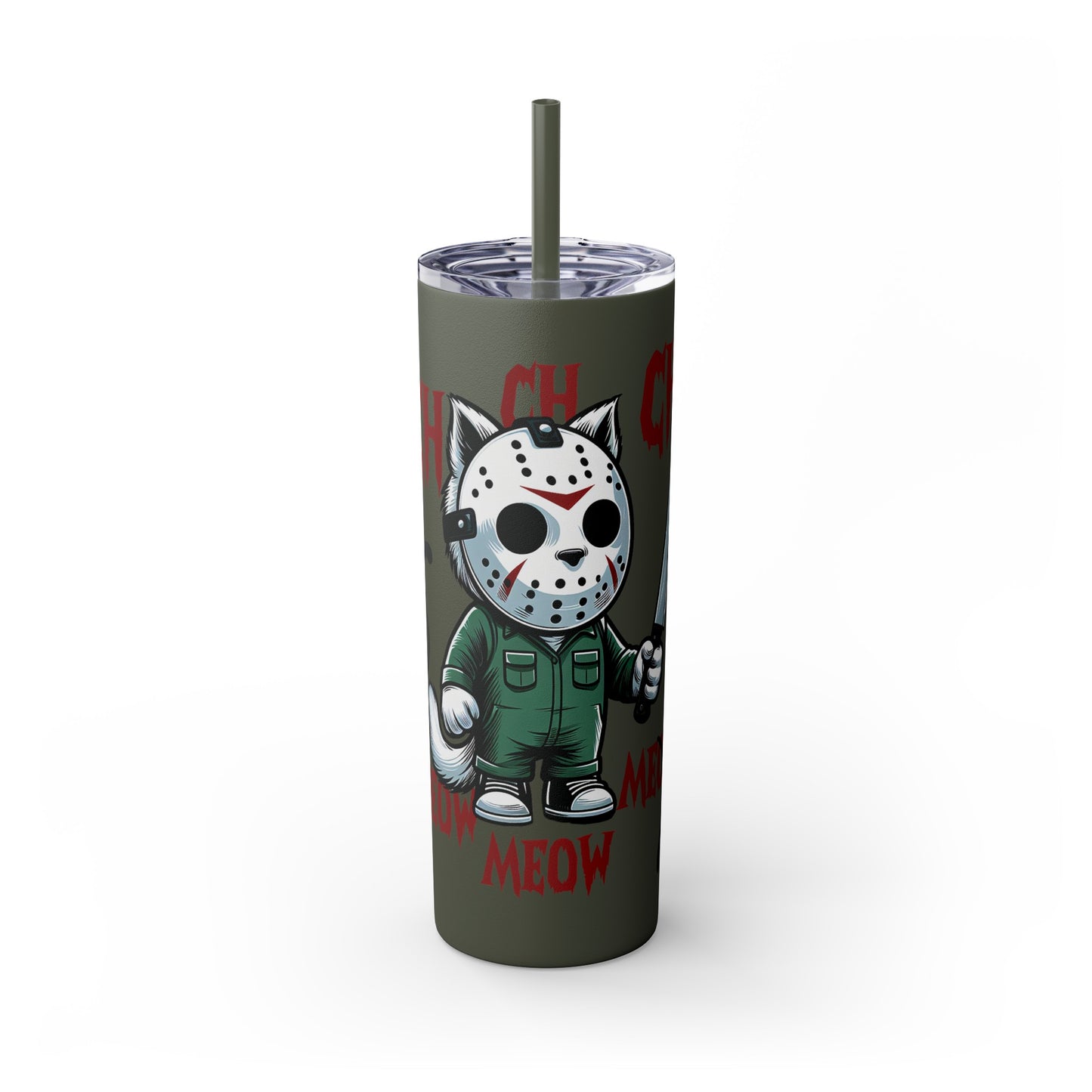 Meow Scary Funny Bloody Cat with Knife Skinny Tumbler with Straw, 20oz