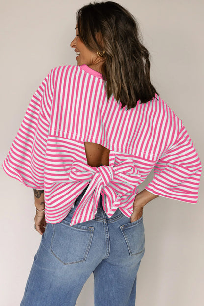 Red Striped Bowknot Backless T-Shirt