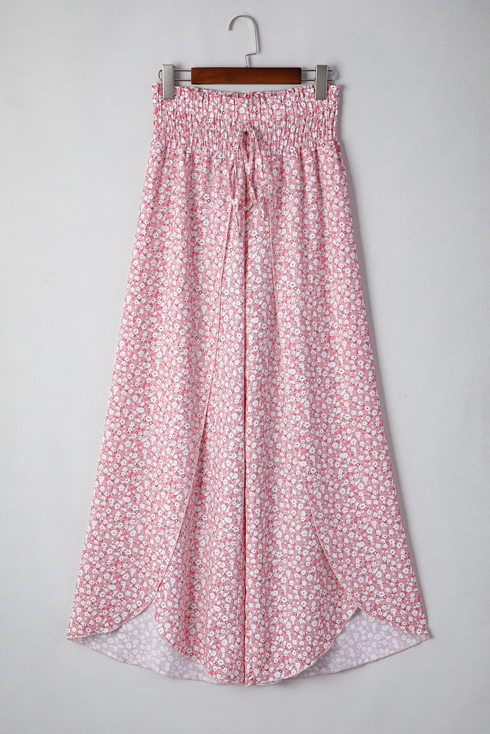 Red Floral Shirred Side Slit Wide Leg Pants