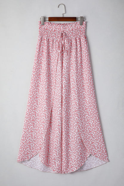 Red Floral Shirred Side Slit Wide Leg Pants