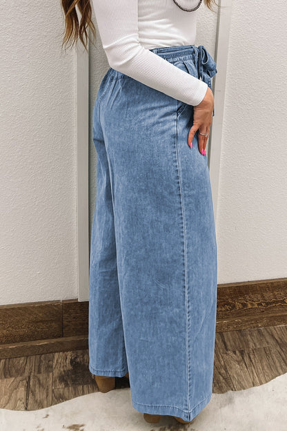 Beau Blue Vintage Washed Knot Belt Wide Leg Jeans