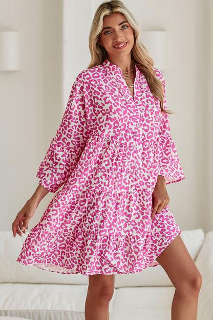 Bright Pink Leopard Print Flounce Sleeve Mini Dress