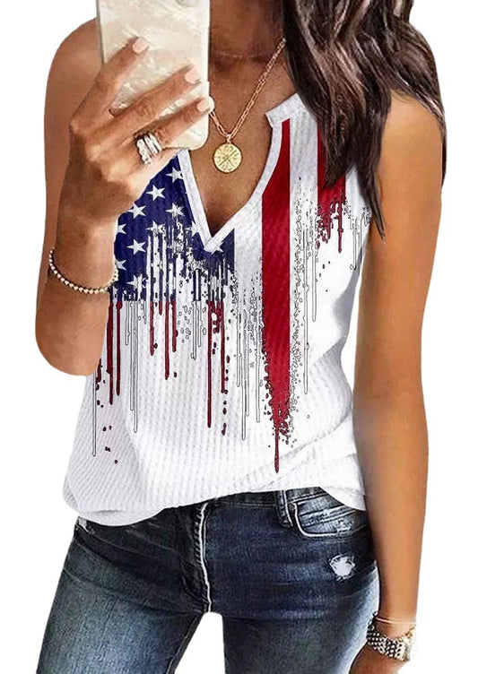 Europe and the United States summer thin V-neck vest women 2023 new American flag print sleeveless top fashion texture back