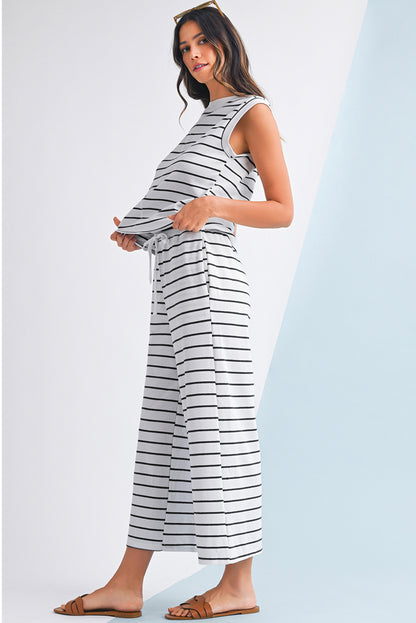 Sail Blue Casual Striped Tee and Wide Leg Pants Set