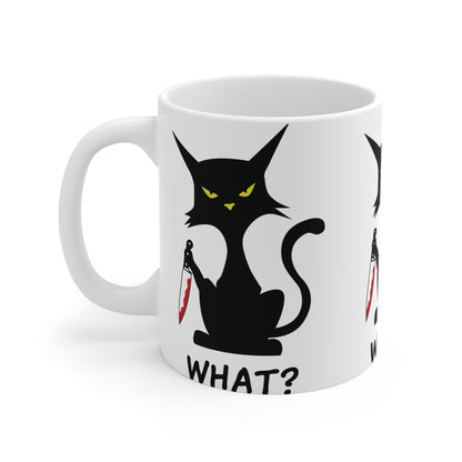 White Sarcastic What Cat With Bloody Knife Coffee Mug 11oz