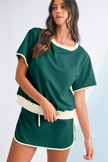 Turquoise Colorblock Edge Drop Shoulder T Shirt and Skort Set