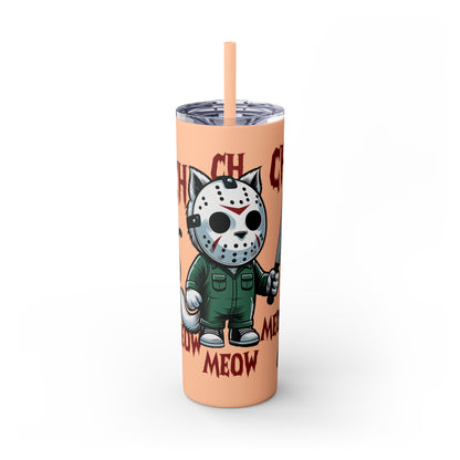 Meow Scary Funny Bloody Cat with Knife Skinny Tumbler with Straw, 20oz