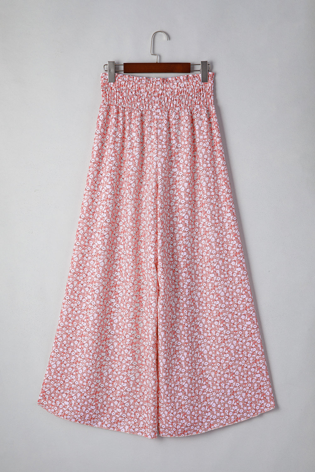 Red Floral Shirred Side Slit Wide Leg Pants
