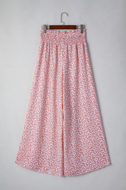 Red Floral Shirred Side Slit Wide Leg Pants