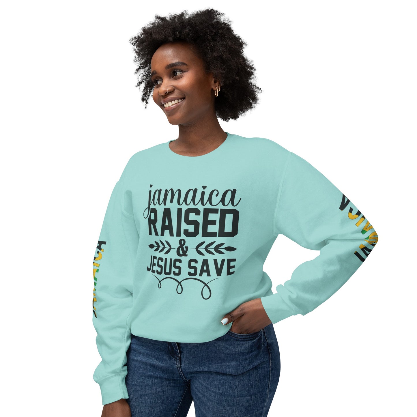 Jamaica Raise And Jesus Save Crewneck Lightweight Sweatshirt