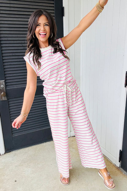 Sail Blue Casual Striped Tee and Wide Leg Pants Set