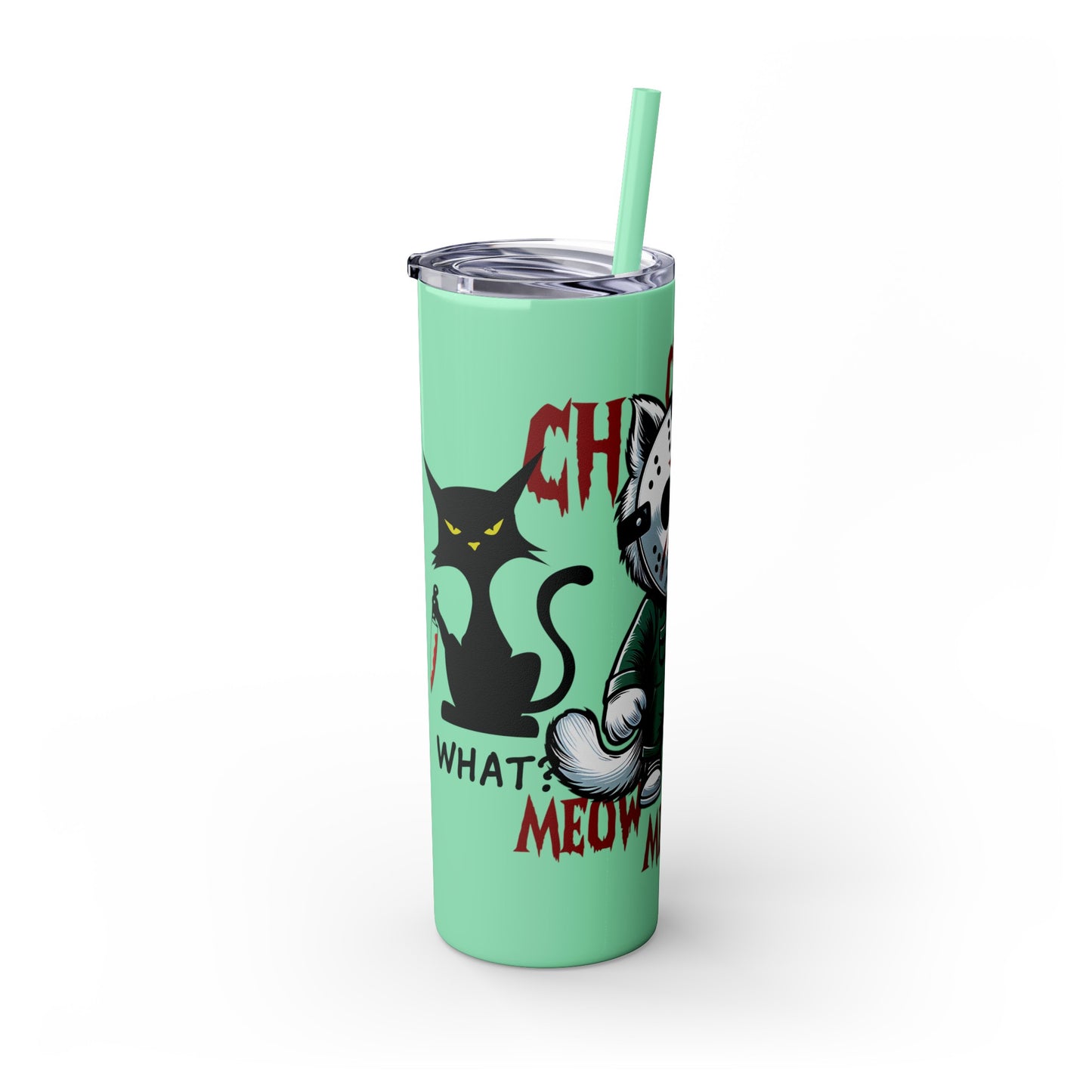 Meow Scary Funny Bloody Cat with Knife Skinny Tumbler with Straw, 20oz